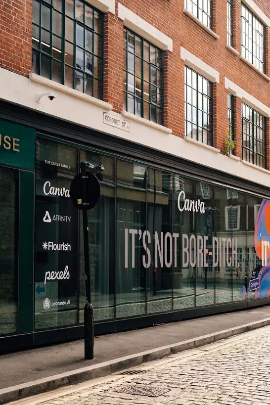 Urban advertising campaign concept on brick architectural elevation