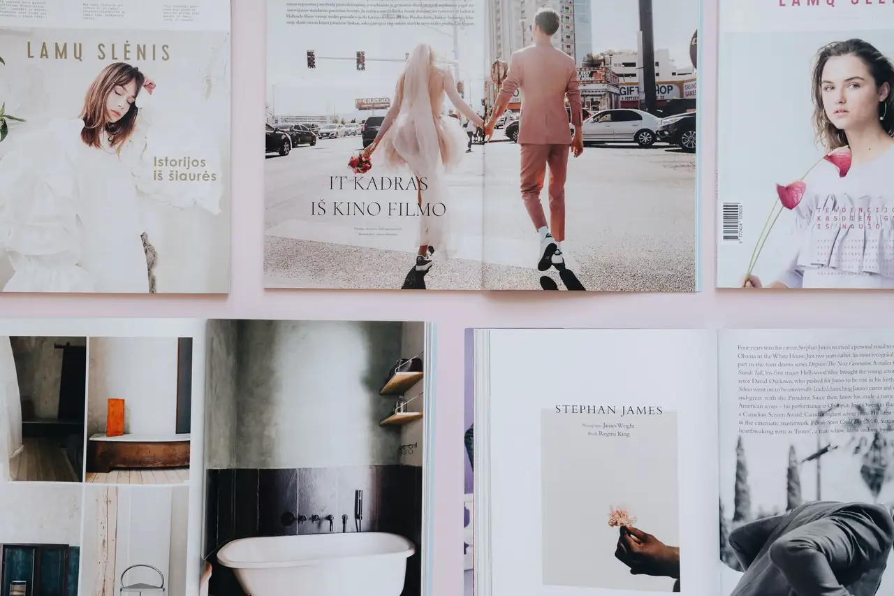 Editorial design spreads showing complex layout hierarchy and technology branding