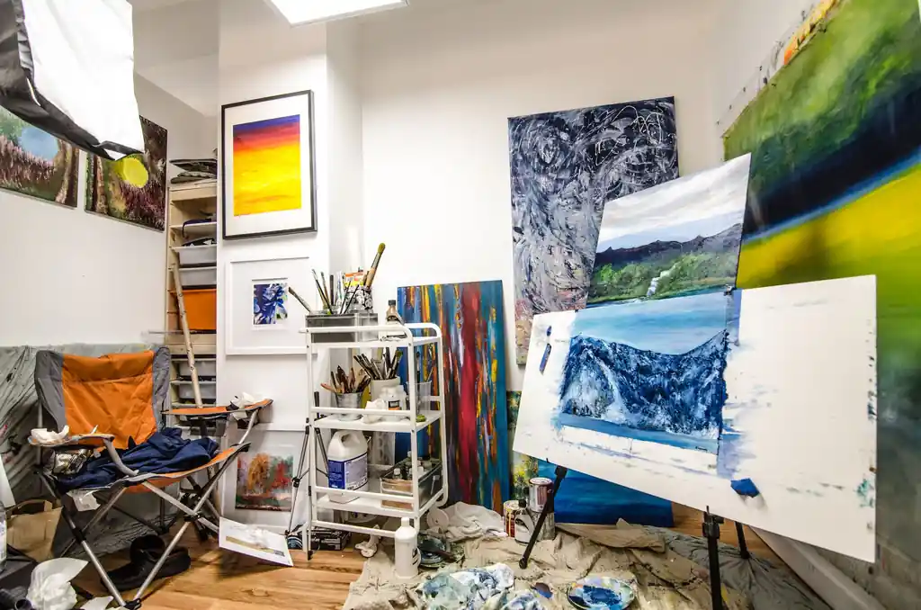 Vibrant creative workspace exploring pigment and geometric forms